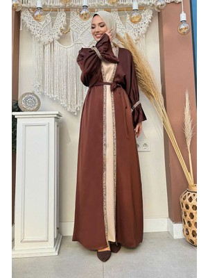 Bym Fashion Taş İşleme Detaylı Kuşaklı Elbiseli Abaya Takım 3860 Kahverengi