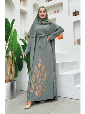 Bym Fashion Etek Kısmı Desenli Elbiseli Abaya Takım 8495 Mint