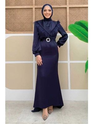 Bym Fashion Tüylü Kuyruklu Kemer Aksesuarlı Saten Abiye Elbise 3869 Lacivert