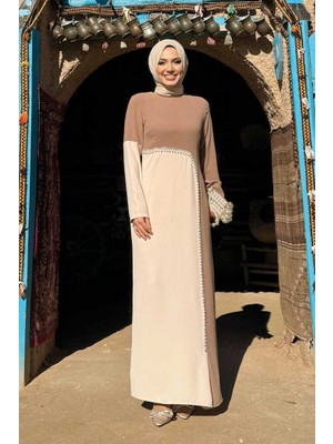 Bym Fashion İki Renkli İnci Detaylı Elbise 3865 Vizon