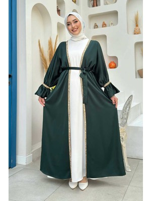 Bym Fashion Taş İşleme Detaylı Kuşaklı Elbiseli Abaya Takım 3860 Zümrüt