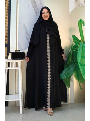 Bym Fashion Pelerinli Ön Kısım İşleme Detay  Elbise ŞAL HEDİYE  3868 Siyah