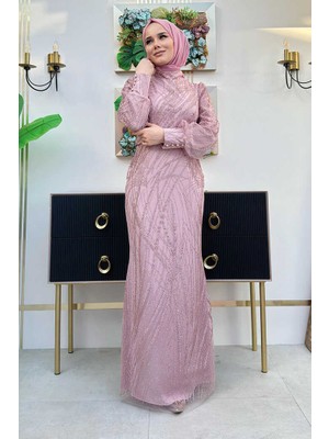 Bym Fashion Desenli Bel Kemerli Balık Abiye Elbise 1139 Gül Kurusu