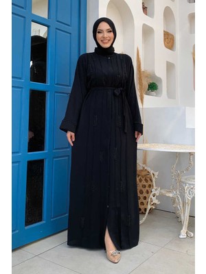 Bym Fashion Boncuk İşlemeli Tam Boy Ferace 7894 Siyah