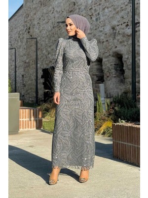 Bym Fashion Gri Dal Desenli Simli Tül Abiye Elbise Kadınlar İçin Zarif Seçim 1140