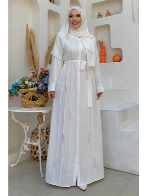 Bym Fashion Boncuk İşlemeli Tam Boy Ferace 7894 Ekru