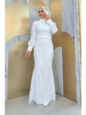 Bym Fashion Desenli Bel Kemerli Balık Abiye Elbise 1139 Ekru