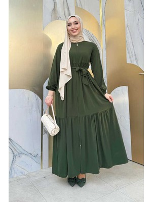 Bym Fashion Fermuarlı Kol Manşetleri Lastikli Fırfırlı Elbise 6001 Haki