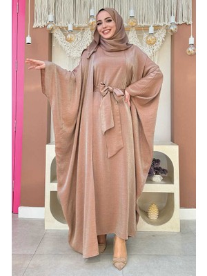 Bym Fashion Yarasakol Abayalı Elbise Takım 8497 Vizon