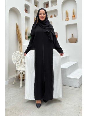 Bym Fashion Pilise Taş Detay Fermuarlı Ferace 7892 Ekru