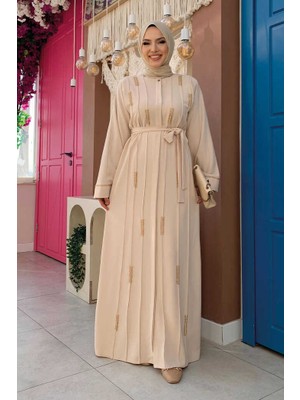 Bym Fashion Boncuk İşlemeli Tam Boy Ferace 7894 Taş