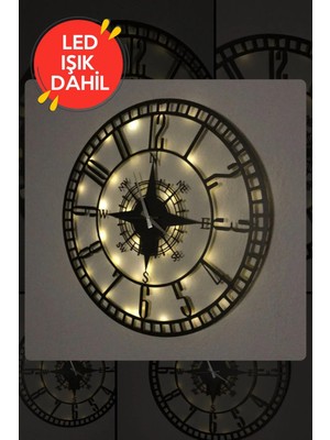 Dekorvin LED Işıklı Ahşap Sayılı Pusula Duvar Saati Sessiz Dekoratif Modern Siyah Metal Duvar Saati 40X40CM