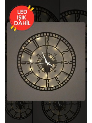 Dekorvin LED Işıklı Ahşap Sayılı Pusula Duvar Saati Sessiz Dekoratif Modern Siyah Metal Duvar Saati 40X40CM