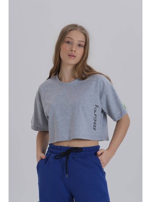 David&Gerenzo Gri Kadın Merci Baskı Bisiklet Yaka Oversize Crop T-Shirt