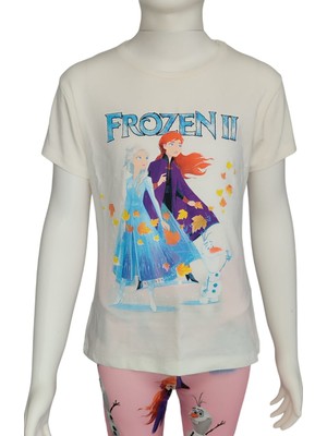 Urz Kids Pembe Beyaz Kız Çocuk Yazlık Elsa Ana Baskılı Tayt T-Shirt Takım Kız Çocuk Günlük Takım