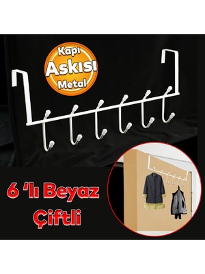 Badem10 Ahşap Kapı Arkası Çift Askılık Elbise Havlu Asma Askı Metal 6'lı Banyo Lavabo Sağlam Aparat Beyaz