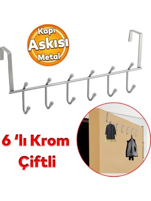 Badem10 Ahşap Kapı Arkası Çiftli Askılık Elbise Havlu Asma Askı Metal 6'lı Banyo Lavabo Sağlam Aparat Krom