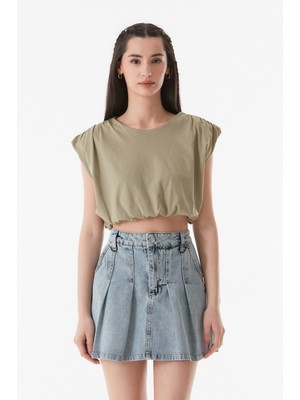 FullaModa Basic Bisiklet Yaka Beli Lastikli Crop T-Shirt