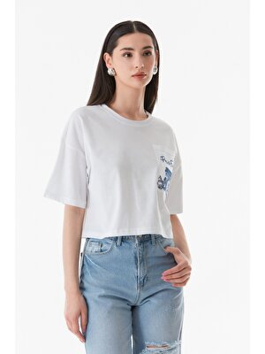 FullaModa Nakışlı Cepli Crop T-Shirt