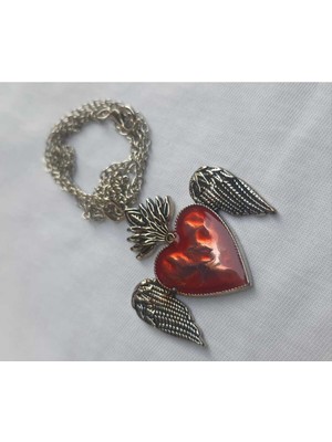 Dükkan Design Kırmızı Mineli Feathers Heart Kolye