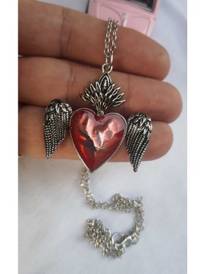 Dükkan Design Kırmızı Mineli Feathers Heart Kolye