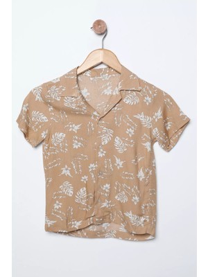Julude Koyu Bej Yaprak Desenli Erkek Çocuk Gömlek P-00009496