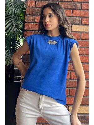 Julude Saksmavisi Yaka Taşlı Omuz Vatkalı Kolsuz Bluz P-00009809