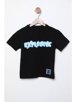 Julude Siyah Bisiklet Yaka Baskılı Erkek Çocuk Tişört P-00009790