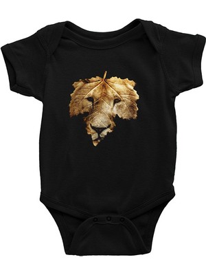 Darkhane Yaprak ve Aslan Siyah Unisex Bebek Body - Zıbın