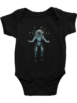 Darkhane Astronot ve Kelebekler Siyah Unisex Bebek Body - Zıbın