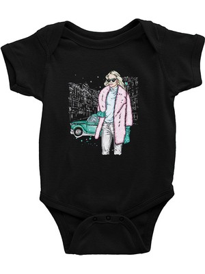 Darkhane Pembe Kürk Tarzlı Kız Fashion Siyah Unisex Bebek Body - Zıbın