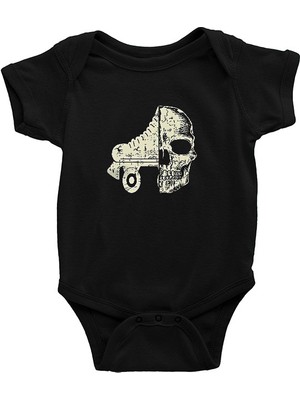 Darkhane Paten ve Kurukafa Siyah Unisex Bebek Body - Zıbın