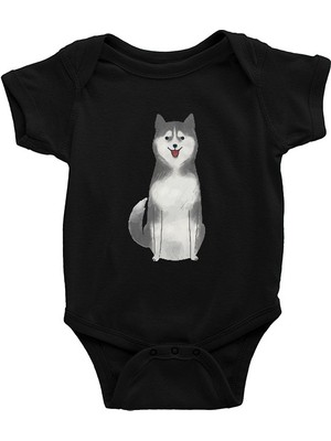 Darkhane Şirin Sibirya Kurdu Husky Haski Siyah Unisex Bebek Body - Zıbın