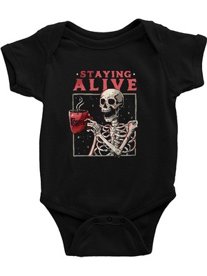 Darkhane Kahve Içen Kurukafa Siyah Unisex Bebek Body - Zıbın