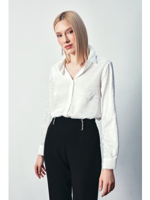 Sateen Desenli Düz Klasik Gömlek - Ekru