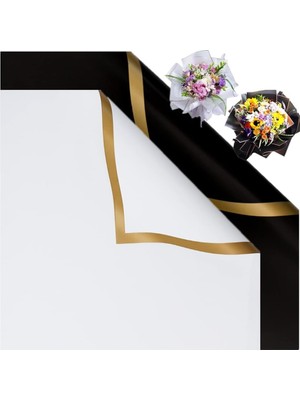 Roco Paper Co. Çiçek Ambalaj Kağıdı - Siyah Beyaz - Altın Kenarlı - Mat Opp 58X58 cm - 10 Adet