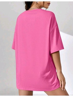 Trendseninle Kadın Pembe Keep Smiling Oversize Bisiklet Yaka T-Shirt