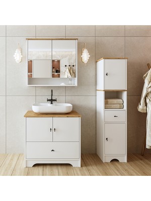 Roomart Lavabolu Mat Beyaz Mdf 80 cm Çekmeceli Banyo Dolabı + Aynalı Üst Dolabı + Boy Dolabı