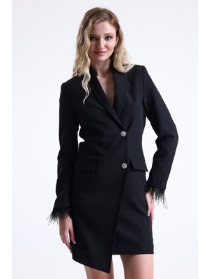 Sense Kadın Blazer Ceket Siyah Polyester Astarlı Fermuar Detaylı Kruvaze Tasarım