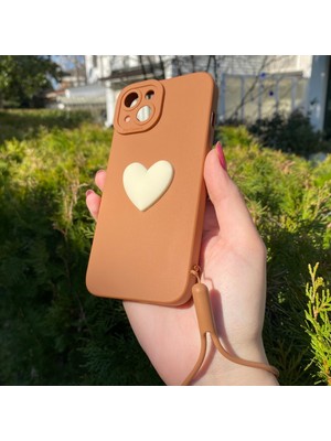Bumudur Aksesuar iPhone 14 Kahverengi Kalp Silikon Kılıf