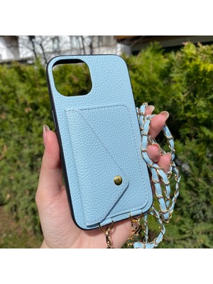 Bumudur Aksesuar iPhone 14 Mavi Askılı ve Cüzdanlı Kılıf