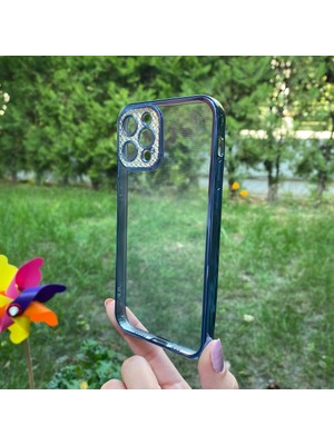 Bumudur Aksesuar iPhone 12 Pro Mavi Çerceveli Elmas Görünümlü Silikon Kılıf