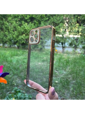 Bumudur Aksesuar iPhone 12 Pro Sarı Çerceveli Elmas Görünümlü Silikon Kılıf