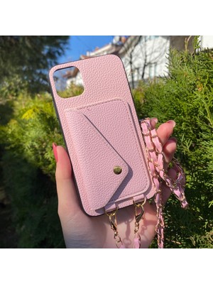Bumudur Aksesuar iPhone 13 Pro Max Pembe Askılı ve Cüzdanlı Kılıf