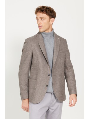 Altınyıldız Classics Erkek Kahve-mavi Slim Fit Dar Kesim Mono Yaka Desenli Yünlü Blazer Ceket