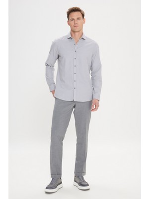 ALTINYILDIZ CLASSICS Erkek Gri Slim Fit Dar Kesim Klasik Yaka Pamuklu Armürlü Gömlek