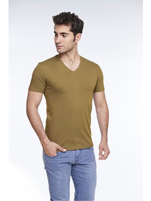 Fsm1453  Erkek Pamuk V-Yaka Kısa Kollu Renkli Tişört Olive Branch 422