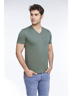 Fsm1453  Erkek Pamuk V-Yaka Kısa Kollu Renkli Tişört Saga Yeşili 422