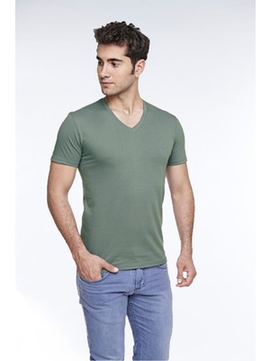 Fsm1453  Erkek Pamuk V-Yaka Kısa Kollu Renkli Tişört 422