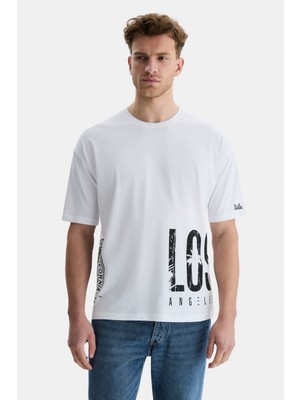 Ucla Ignıso Beyaz Bisiklet Yaka Baskılı Oversize Erkek Tshirt